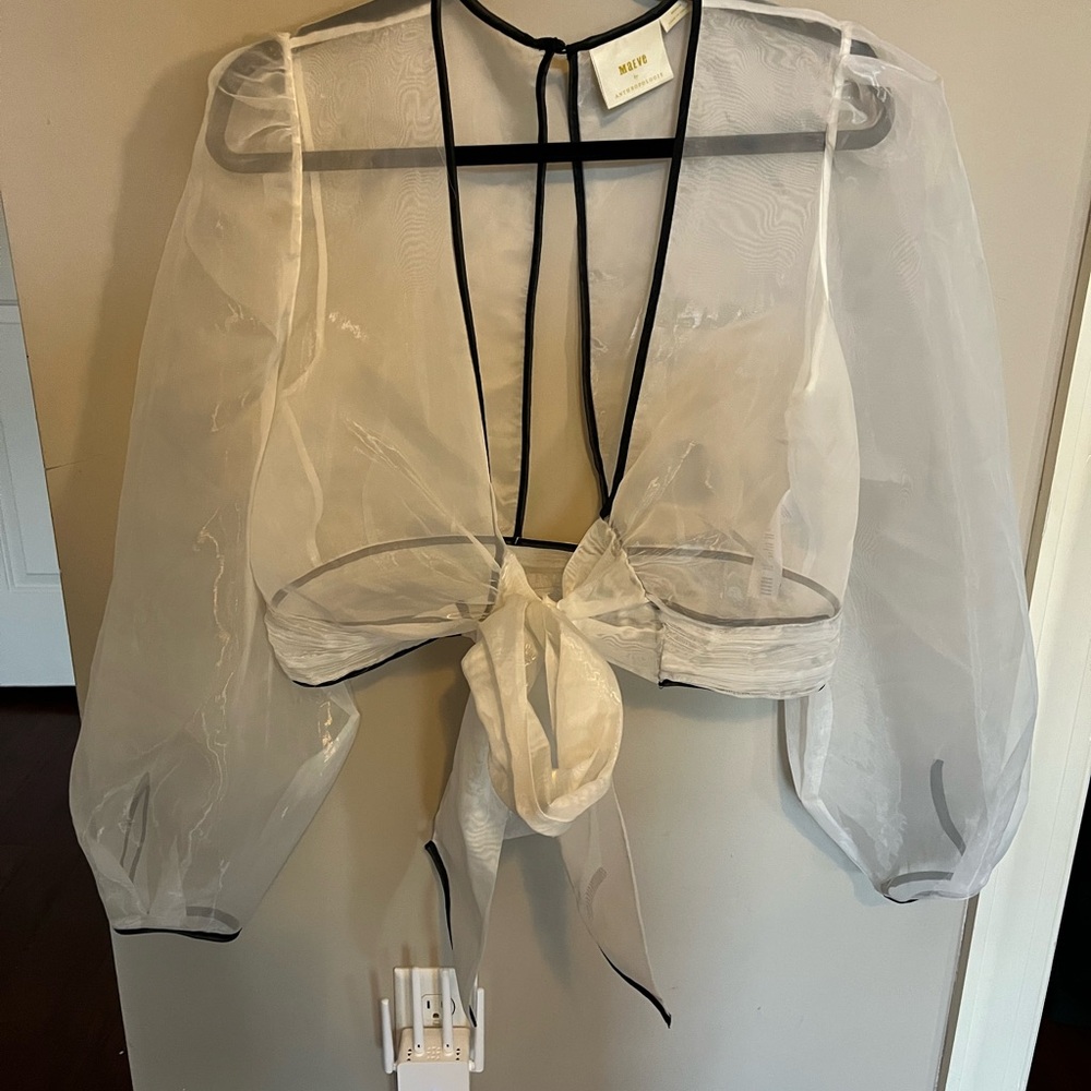 Anthropologie Sheer Cream Tie-Front Blouse